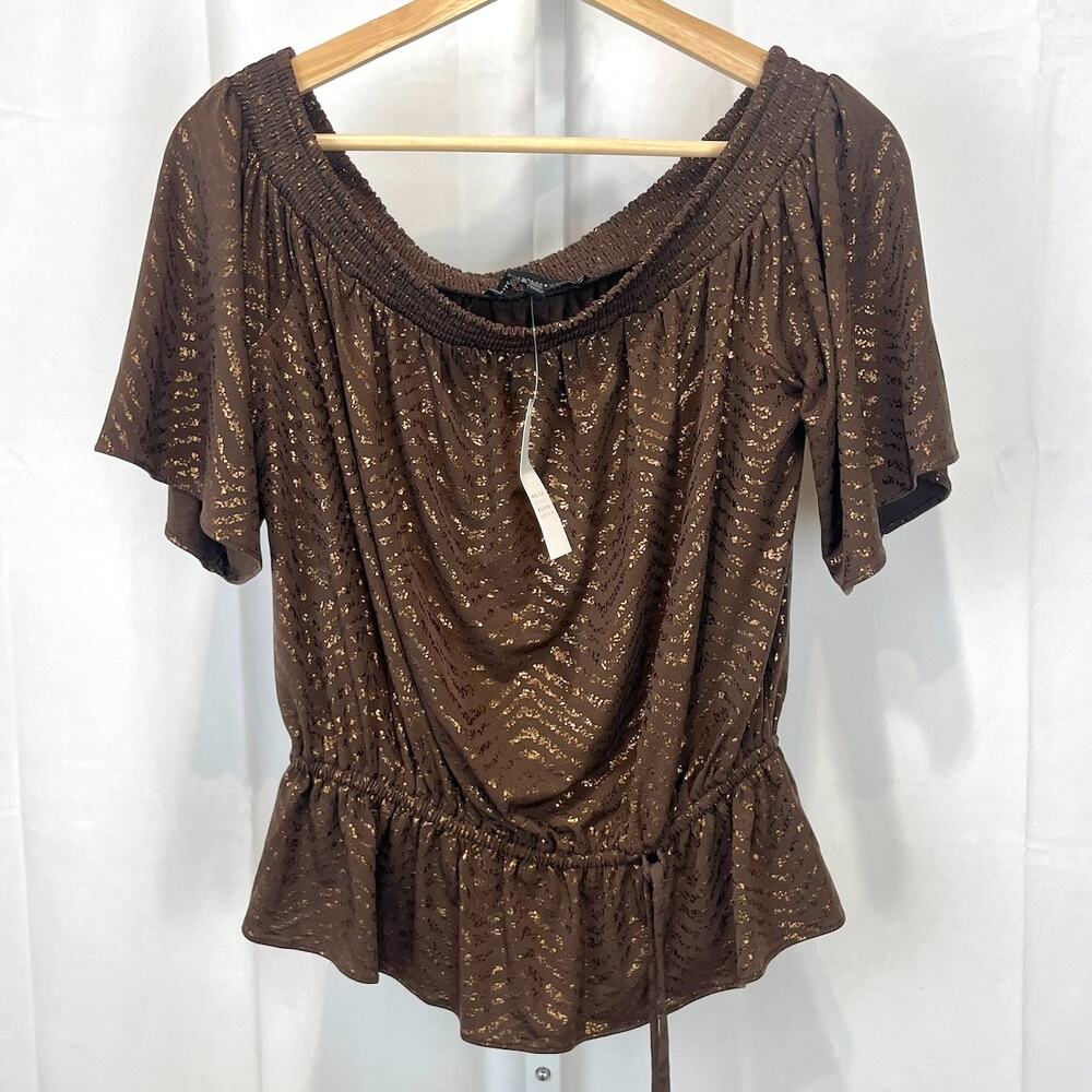 NWT WHBM White House Black Market Off Shoulder Shimmer Top Short Sleeve Brown S